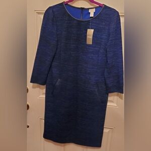 NWT Chico’s Faux Leather Trim Jacquard Blue Long Sleeve Dress Sz S/ Chicos Sz 0